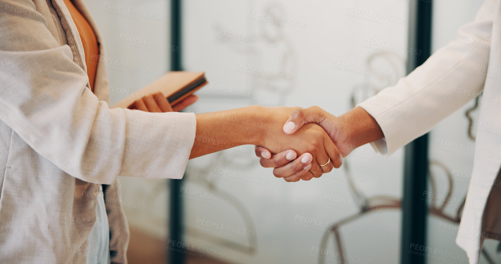 Buy stock photo Business people, team and handshake in office for welcome, greeting and introduction for partnership. Employees, collaboration and shaking hands with woman for hello in company, agreement or b2b deal