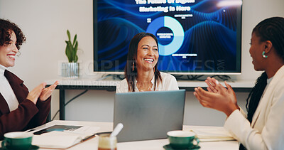 Buy stock photo Business women, applause and praise with CEO for company performance, marketing goal or milestone. Celebration, happy manager and clap in office for advertising deal, success or team accomplishment