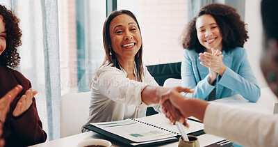 Buy stock photo Woman, handshake and applause at meeting, startup and congratulations for deal at media company. Person, excited and shaking hands for success, celebration or goal with achievement at creative agency