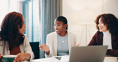 Buy stock photo Business women, meeting and discussion in office for event planning, venue ideas or strategy. Happy team, brainstorming and briefing in workplace for project coordination, schedule or vendor feedback
