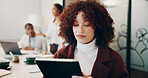Woman, reading and creative with tablet, coworking and journalist with article on website and online. Newsroom, reporter and person with tech for story, media or review draft for magazine publication