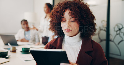 Buy stock photo Woman, reading and creative with tablet, coworking and journalist with article on website and online. Newsroom, reporter and person with tech for story, media or review draft for magazine publication