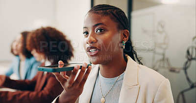 Buy stock photo Business, voice note and woman thinking in boardroom with colleagues for contact or feedback. Conversation, ideas and loud speaker with employee person in office for communication or planning