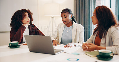 Buy stock photo Business women, meeting and document for brainstorming, venue ideas or event planning in office. Team, paperwork and briefing in workplace for project coordination, collaboration and vendor list