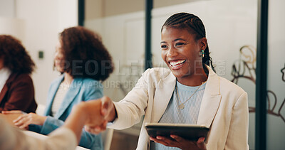 Buy stock photo Woman, tablet and handshake at startup in office meeting with deal, smile or agreement at media company. Person, tech and shaking hands for proposal, app or happy for collaboration at creative agency