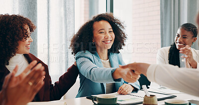 Buy stock photo Woman, handshake and applause with team at startup, goals or congratulations at office meeting. Person, happy and shaking hands for success, celebration and excited for achievement at creative agency