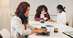 Business, laptop and woman typing in boardroom with colleagues for planning or research. Computer, email and feedback with corporate employee in office for online review of information or report