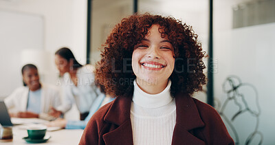 Buy stock photo Media agency, portrait and woman in office, smile and confidence with career ambition. Person, employee and journalist in workplace, pride and happiness with creative project and funny with humor