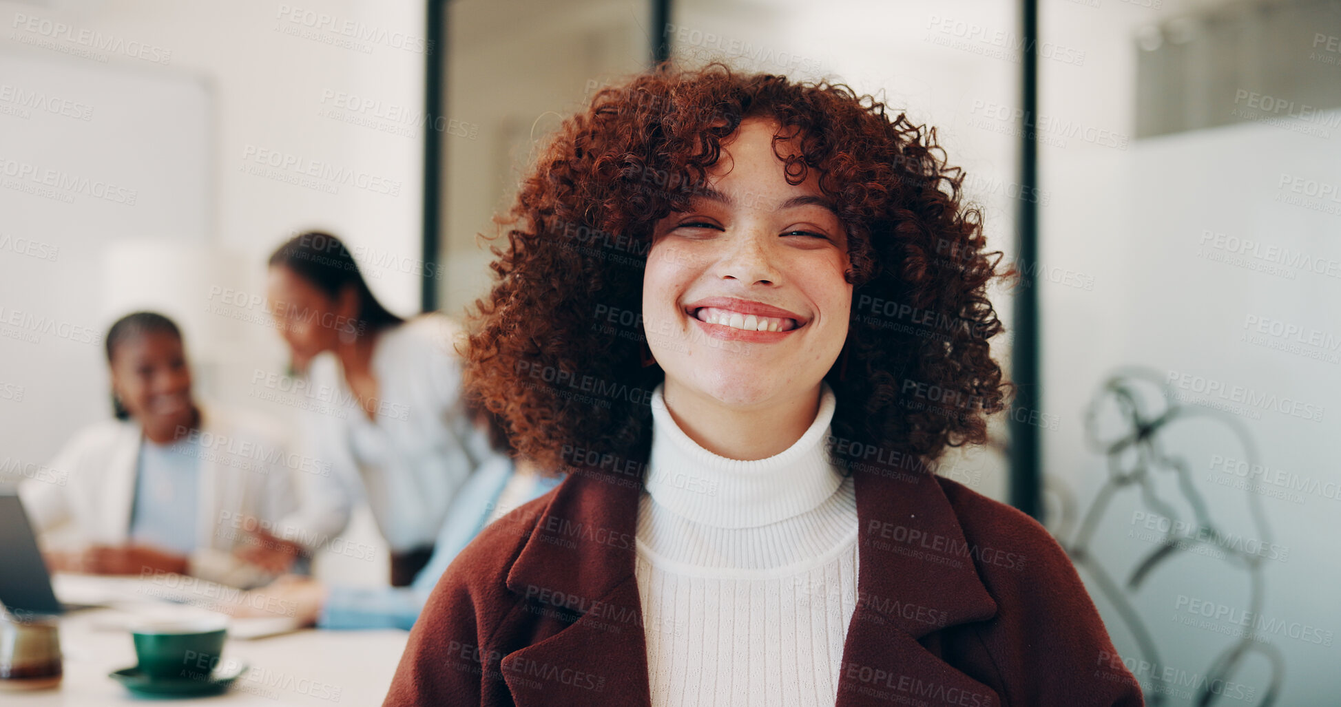 Buy stock photo Media agency, portrait and woman in office, smile and confidence with career ambition. Person, employee and journalist in workplace, pride and happiness with creative project and funny with humor