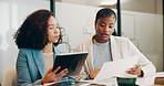 Conversation, documents and tablet with business women in office together for feedback or review. App, meeting and paperwork with employee people in workplace for discussion, planning or research