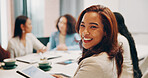 Boardroom, portrait and smile of business woman in meeting for briefing, development or management. Collaboration, session and workshop with happy employee at table in office for corporate discussion
