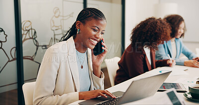 Buy stock photo Laptop, phone call and woman laughing in boardroom with colleagues for planning or research. Computer, contact and typing with funny employee in corporate office for communication or feedback