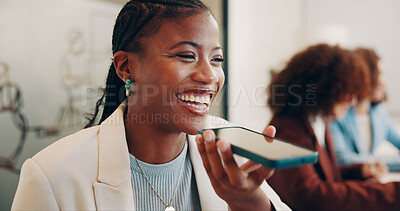 Buy stock photo Business, voice note and woman laughing in boardroom with colleagues for contact or feedback. Conversation, funny and loud speaker with employee person in office for communication or planning