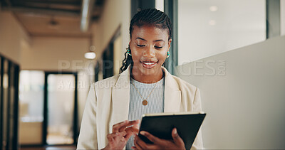 Buy stock photo Tablet, professional and businesswoman in office with reading for finance report with budget. Technology, research and female financial advisor with investment proposal for client in workplace.