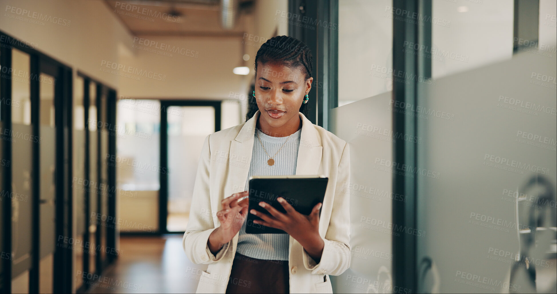 Buy stock photo Creative, typing and woman with tablet, office and journalist with article on web, scroll and online. Newsroom, reporter and black person with tech for story, media or editing draft for magazine