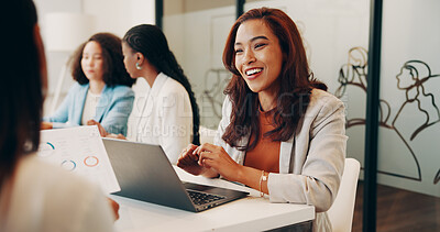 Buy stock photo Meeting, creative and business women with laptop, documents and chart for project budget. Computer, office and people with paperwork, graph and statistics for  research, finance report and proposal