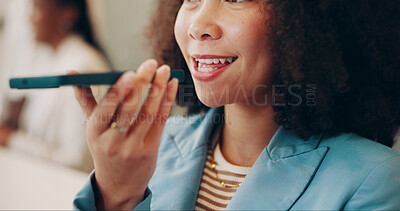 Buy stock photo Media agency, phone call and woman with smile, loudspeaker and questions with online interview. Person, communication and journalist with cellphone, mouth and conversation with contact and connection