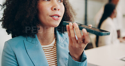 Buy stock photo Media agency, phone call and woman in workplace, loudspeaker and contact with online interview. Person, communication or journalist in office, smartphone and conversation with questions or connection