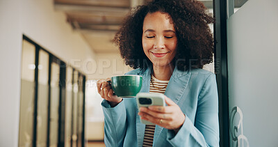 Buy stock photo Phone, coffee and reading with business woman in office for communication, schedule and planning. Connection, herbal drink and networking with person in creative agency for research and chat