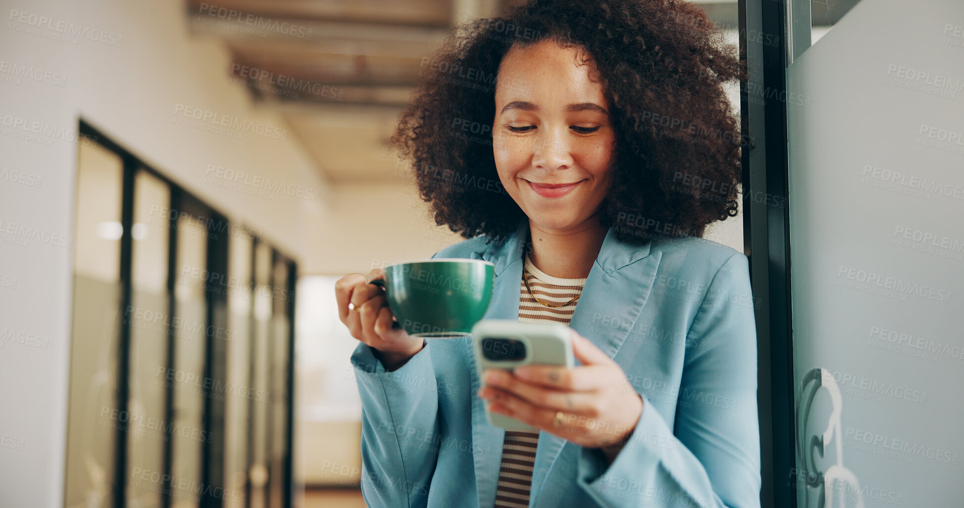 Buy stock photo Phone, coffee and reading with business woman in office for communication, schedule and planning. Connection, herbal drink and networking with person in creative agency for research and chat