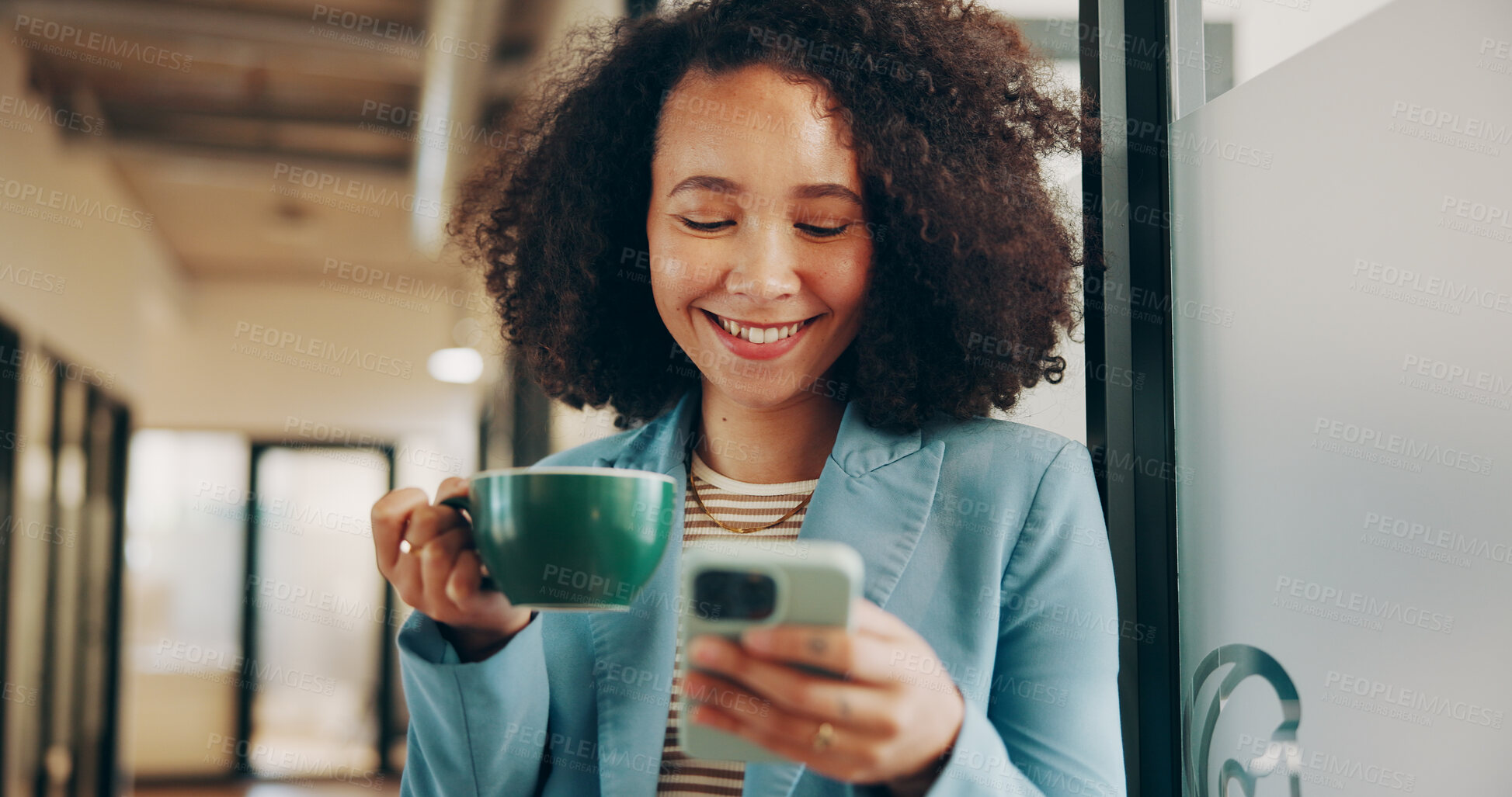 Buy stock photo Phone, coffee and happy with business woman in office for communication, schedule and planning. Connection, herbal drink and networking with person reading in creative agency for research and chat
