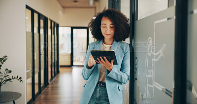 Buy stock photo Reading, smile or woman in office with tablet, interview schedule and approval of news story pitch. Review, scroll or journalist in agency with tech, source email or director feedback on media report