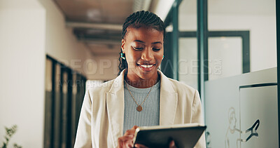 Buy stock photo Tablet, happy and businesswoman in office with research for finance report with budget planning. Technology, smile and African financial advisor with investment proposal for client in workplace.