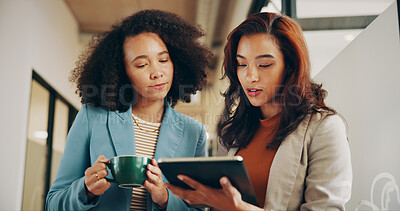 Buy stock photo Coffee, meeting and tablet with business women in office together for feedback or review. App, caffeine and conversation with employee people in workplace for discussion, planning or research