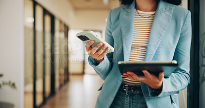 Buy stock photo Journalism, review or hands in office with tech, multitasking or approval of news story pitch. Tablet, phone or woman in agency with scroll, source email or director feedback on media report.