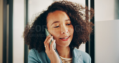 Buy stock photo Business, woman and listen with phone call in office for discussion, contact editor and feedback. Female person, mobile and planning for schedule update, interview source and publication negotiation