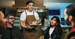 Pub, friends and talking to waiter with tablet for menu discussion, drinks order and service. Hospitality, people and server with digital app in bar for beverage option, customer experience and help