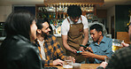 Waiter, man and phone with payment at pub for beer purchase, paperless transaction or drinking. Friends, people or server with POS machine in bar for easy banking, drinks checkout or social gathering