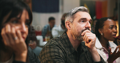 Buy stock photo Stress, pub and fans watching game with online championship for entertainment together. Broadcast, sports and group of friends with live streaming football match with anxiety for tournament in bar.