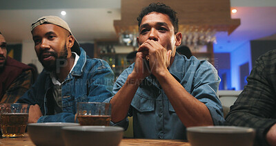 Buy stock photo Stress, pub and men watching game with online championship for entertainment together. Broadcast, sports and group of friends with live streaming football match with anxiety for tournament in bar.