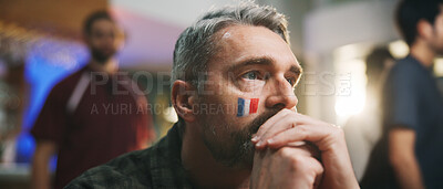 Buy stock photo Pub, watch or man with stress for game, world cup tournament or soccer fan with online broadcast. Anxiety, football match or person with flag of France for team support, live streaming or sports bar