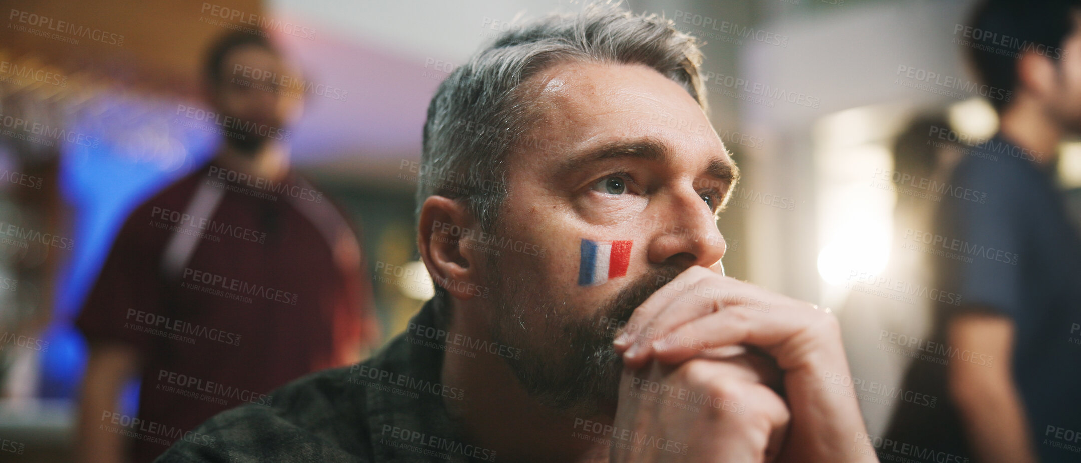 Buy stock photo Pub, watch or man with stress for game, world cup tournament or soccer fan with online broadcast. Anxiety, football match or person with flag of France for team support, live streaming or sports bar