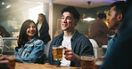 Smile, man and friends with alcohol at bar for sports match, football competition and reunion. Group, people and beer for social gathering, world cup tournament and happy hour for bonding together