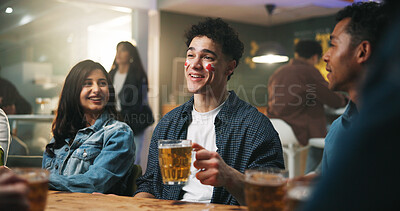 Buy stock photo Smile, man and friends with alcohol at bar for sports match, football competition and reunion. Group, people and beer for social gathering, world cup tournament and happy hour for bonding in England