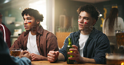 Buy stock photo Pub, watch or men with anxiety for game, world cup tournament or soccer fans with online broadcast. Worry, live stream or people with flags for team support in sports bar, England or Germany match