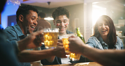 Buy stock photo Smile, friends and cheers with alcohol at bar for sports match, football competition and reunion. People, toast and beer for social gathering, world cup tournament and happy hour for bonding together