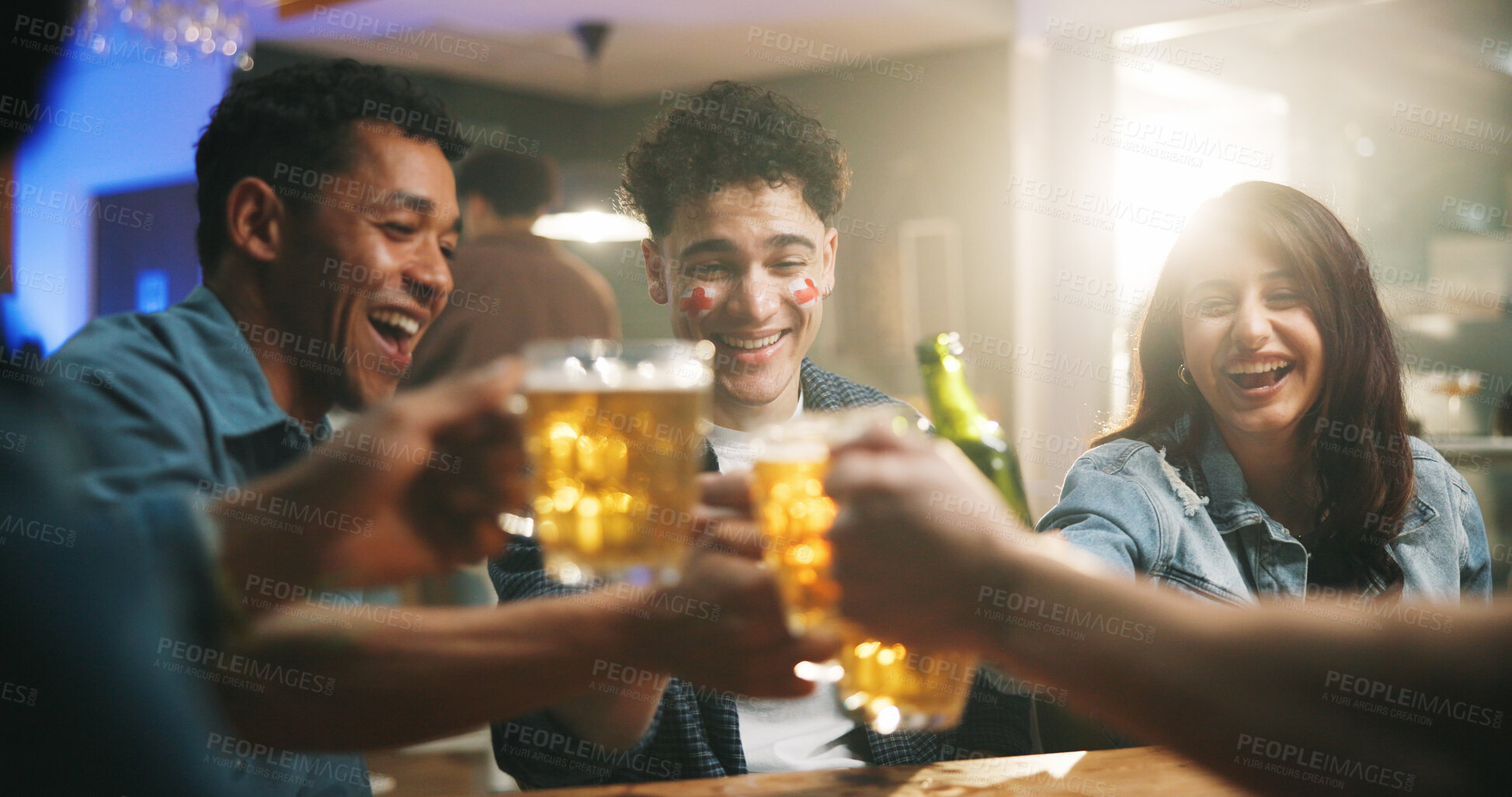 Buy stock photo Smile, friends and cheers with alcohol at bar for sports match, football competition and reunion. People, toast and beer for social gathering, world cup tournament and happy hour for bonding together