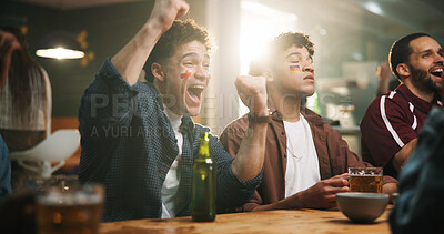 Buy stock photo Pub, excited man or people watching game, world cup competition or soccer fans with broadcast. Disappointed friend, live streaming or crowd cheering for England win, football match or sports bar