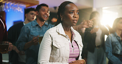 Buy stock photo Fans, woman and watching tv with stress in pub for tournament anxiety, suspense and entertainment. Public screening, supporters and game pressure in sports bar for live broadcast and football match