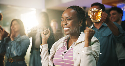 Buy stock photo Cheering, pub and people watching sports for soccer championship for entertainment together. Happy, winning and group of friends with live streaming for football game with alcohol drink in bar.