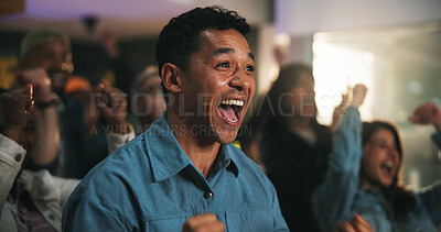 Buy stock photo Fans, man and shouting with celebration in pub for match goal, public screening and entertainment. Sports event, people and cheering in bar for soccer tournament, live broadcast and game champions