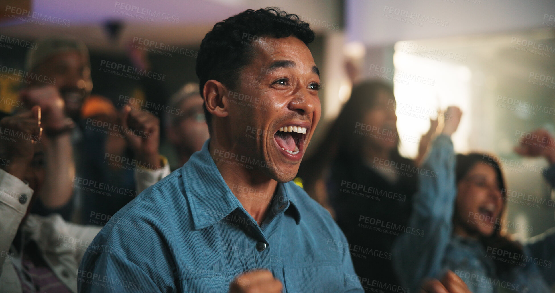 Buy stock photo Fans, man and shouting with celebration in pub for match goal, public screening and entertainment. Sports event, people and cheering in bar for soccer tournament, live broadcast and game champions