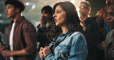 Buy stock photo Fans, woman and watching tv with anxiety in pub for tournament stress, suspense and missed goal. Public screening, people and nervous in sports bar for live broadcast, football match or entertainment