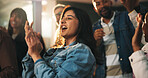 Fans, woman and applause with celebration in pub for match goal, team victory and public viewing. Event, supporters and clapping in sports bar for soccer tournament, live broadcast and game champions