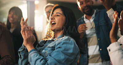 Buy stock photo Fans, woman and applause with celebration in pub for match goal, team victory and public viewing. Event, supporters and clapping in sports bar for soccer tournament, live broadcast and game champions
