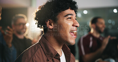 Buy stock photo Pub, watch or man with smile for game, world cup tournament or soccer fan with online broadcast. Winning team supporter, football match or happy person in sports bar, live streaming or championship